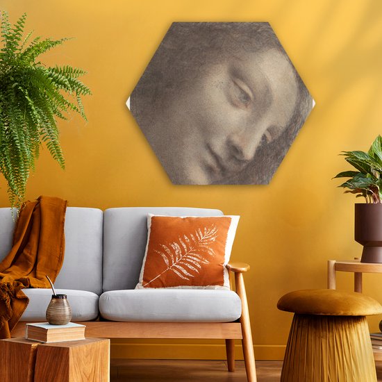 Hexagon wanddecoratie - Kunststof Wanddecoratie - Hexagon Schilderij - The Head of the Virgin - Leonardo da Vinci - 75x65 cm
