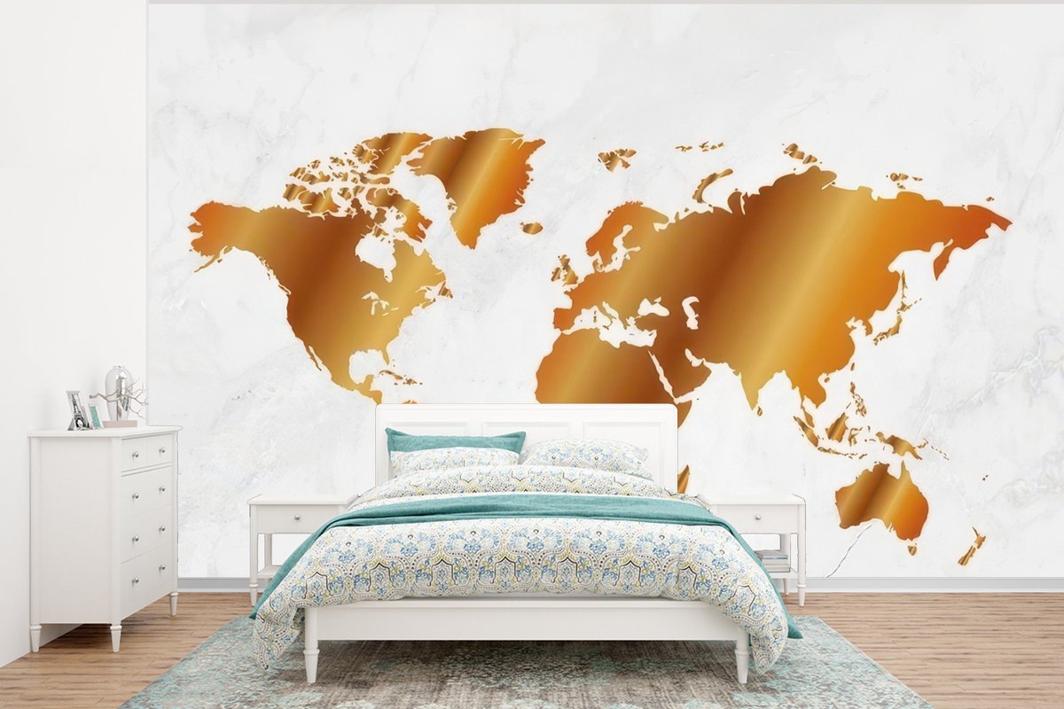 Behang - Fotobehang Wereldkaart - Marmer - Goud - Breedte 350 cm x hoogte 260 cm