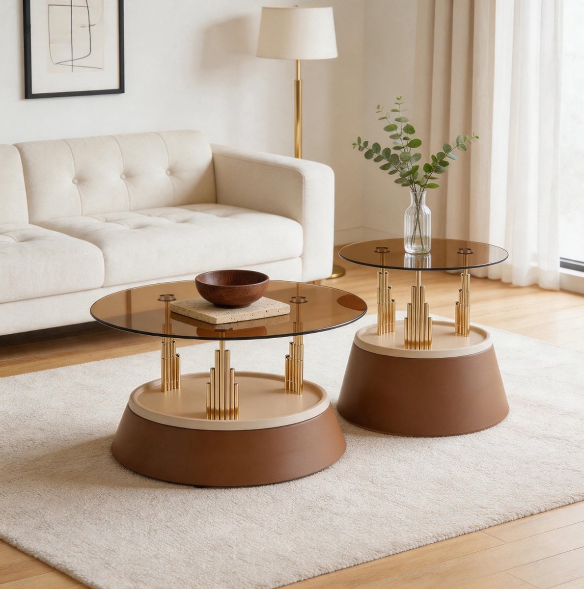 STILVORA Salontafel - 2-Delige Nestbare Set Met Ronde Glasbladen - Ruimtebesparend Voor Woonkamer - Glas En Metaal - 73,5x73,5x34 cm - Bruin