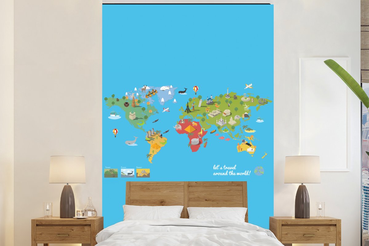 Behang - Fotobehang Wereldkaart Kinderen - Modern - Symbolen - Breedte 225 cm x hoogte 350 cm