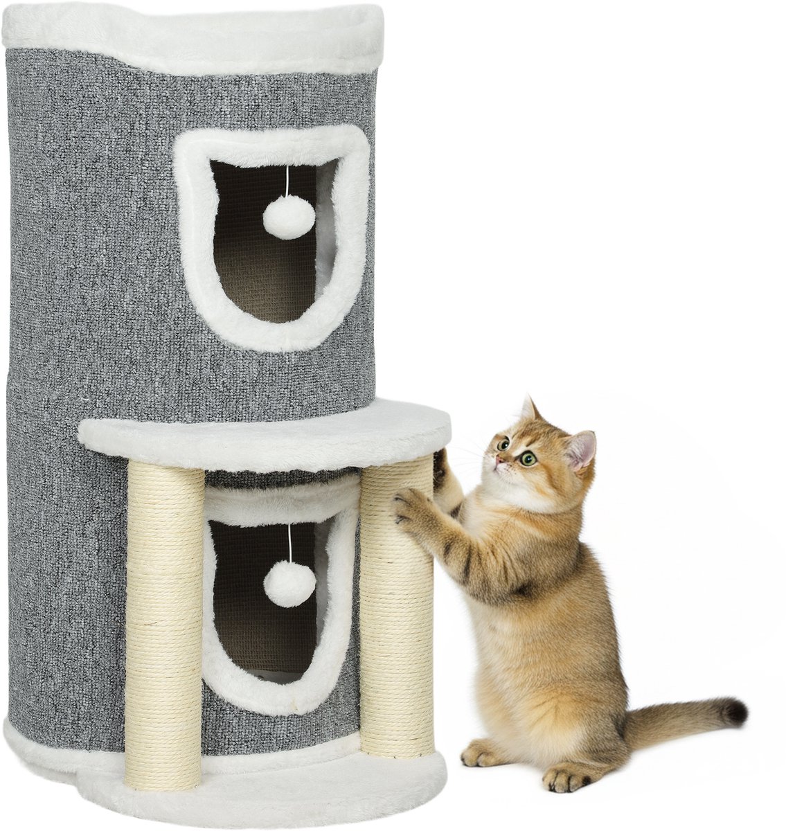 Krabpaal voor katten, hoogte 76 cm, met huisjes, bedje, ballen en sisal palen, grijs