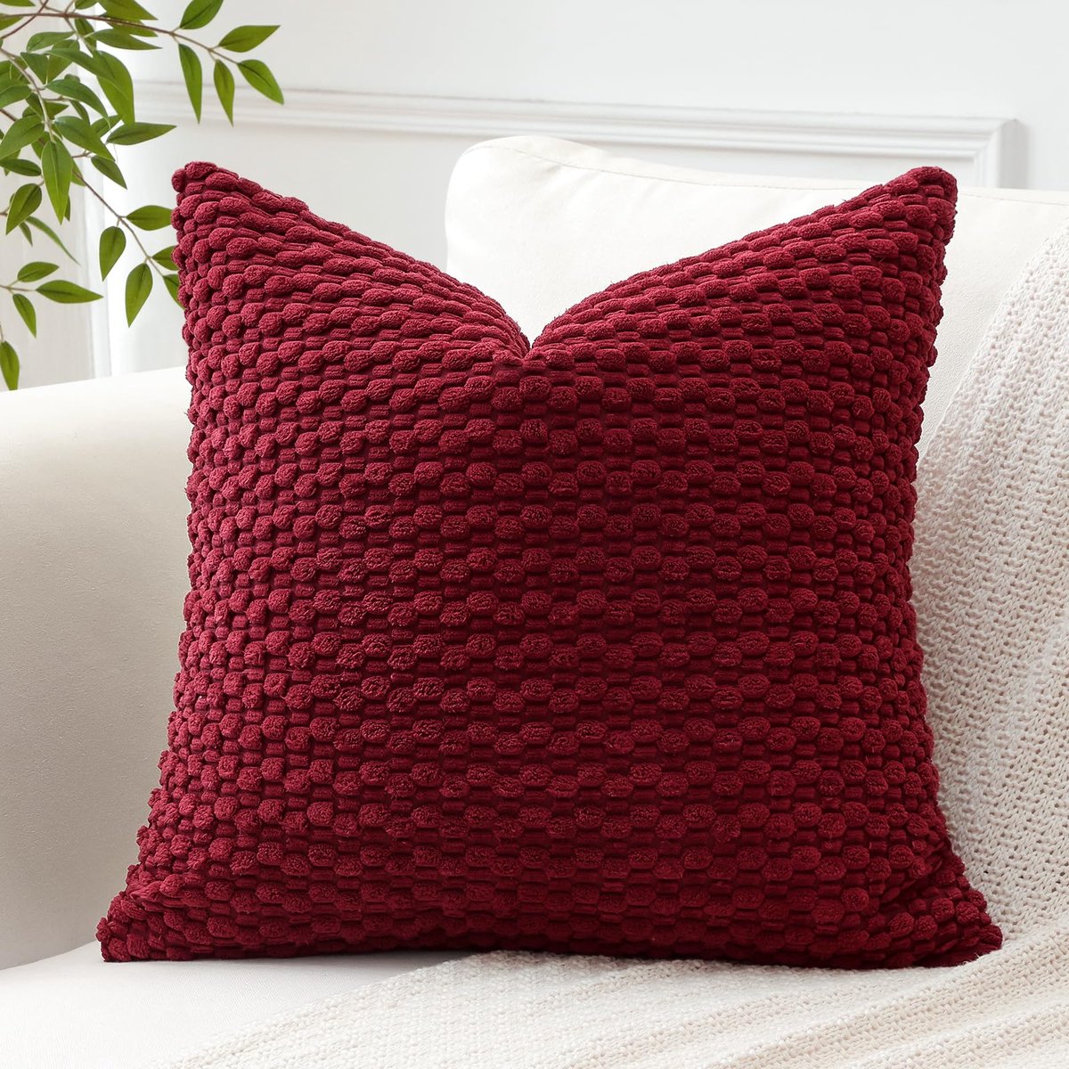 Kussenhoes met pompons, 60 x 60 cm, super zachte, boho, gestreepte vierkante kussenslopen, geometrische hoes voor bank, slaapkamer, auto, decoratie, set van 1, wijnrood