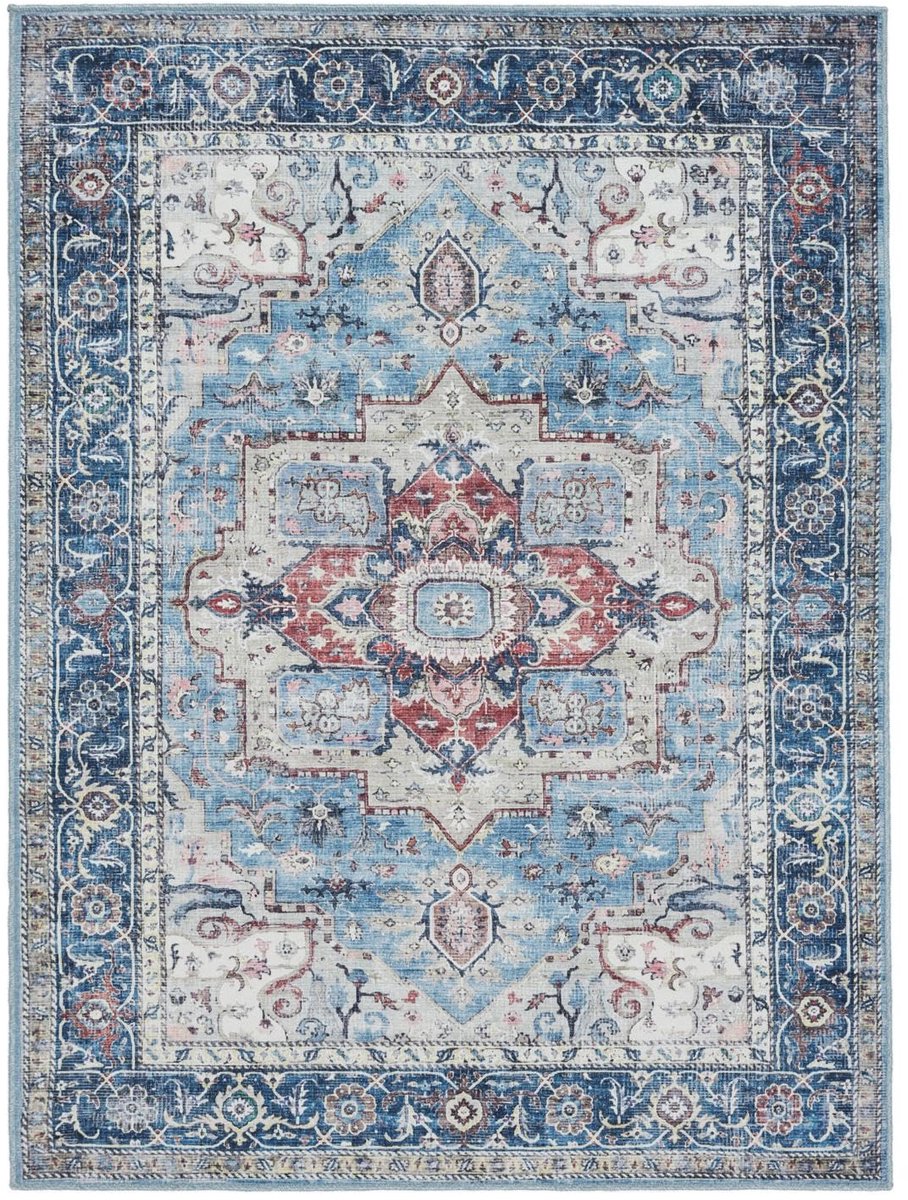 Vloerkleed, Oosterse, 200 x 300 cm, Rechthoekig, Laagpolig, Woonkamer, Slaapkamer, Machinewas, Rood/Blauw