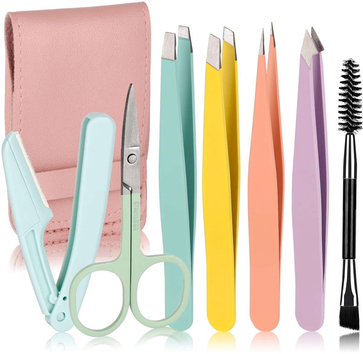 7 stuks wenkbrauwepilenset voor vrouwen, precisiepincetten met tas, roestvrijstalen pincet voor wenkbrauwen met schaar voor ingegroeide haren