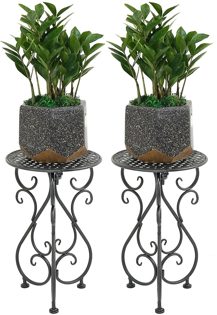 Metalen plantenstandaards, set van 2, modern voetstuk voor enkele plant, 43 cm hoog, zwaar belastbare bloempothouder voor binnen, buiten, terras, balkon, woonkamer, tuin, zwart