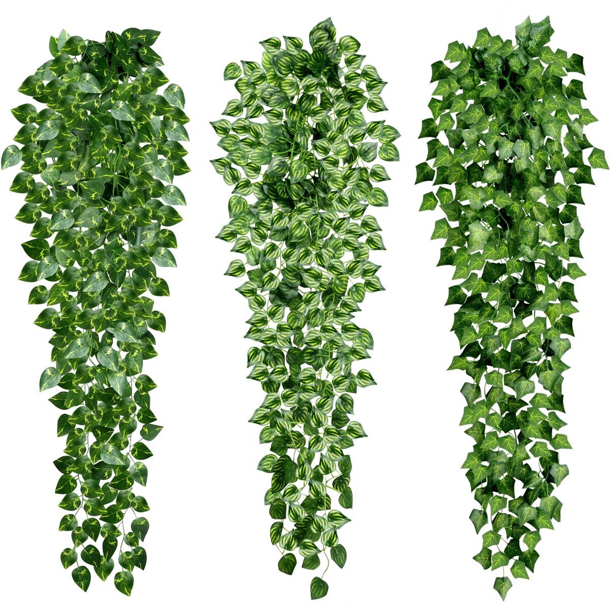 3 kunstplanten met realistische klimop (96 cm), dichte groene bladeren en uv-bestendige stof, ideaal voor binnen en buiten: woonkamer, balkon, tuin of keuken, voor natuurlijk watervaleffect