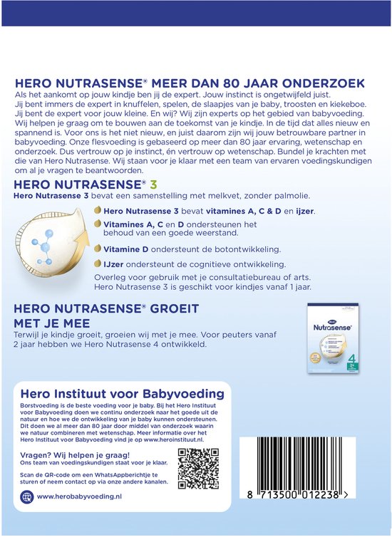 Hero Nutrasense Classic 3 (1+ Jaar) - Peutermelk - Flesvoeding - met Melkvet - Palmolievrij - 4 x 700 gram van Hero — afbeelding 5