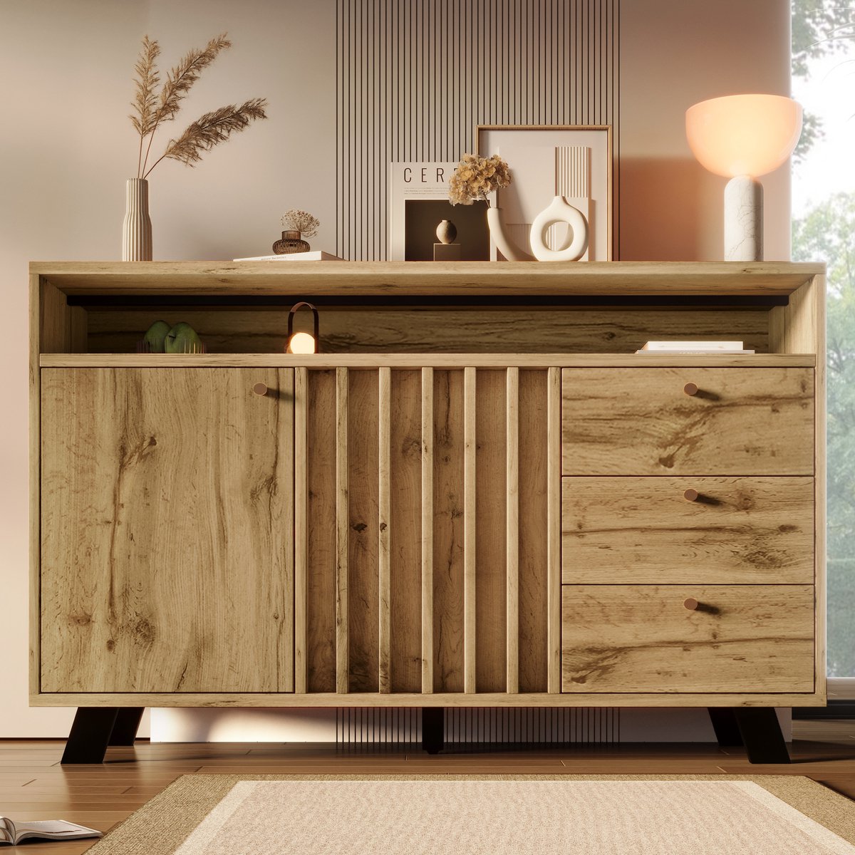 Dressoir met 3 Lades en 2 Deuren – Opbergkast met Open Vak, Lamellenfront en Gouden Handgrepen – Vintage Donker Eiken – 120 x 40 x 85 cm