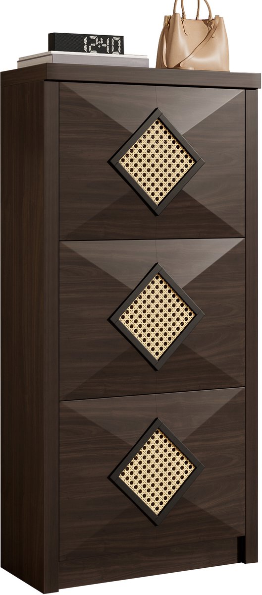 Schoenenkast vintage met rattan decor - 54x25x115 cm donkerbruin - 3 klapvakken voor veel schoenen - retro landelijke stijl - ruimtebesparend, geschikt voor smalle gangen en appartementen