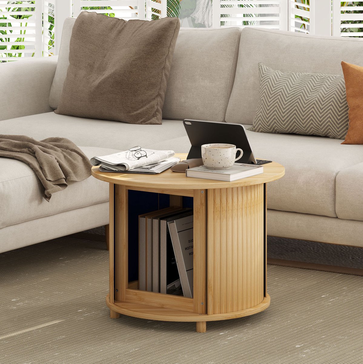 MEUNIQ ronde salontafel van bamboe Ø60 x 45 cm met verborgen opbergruimte en schuifdeur, moderne woonkamertafel of bijzettafel in naturel