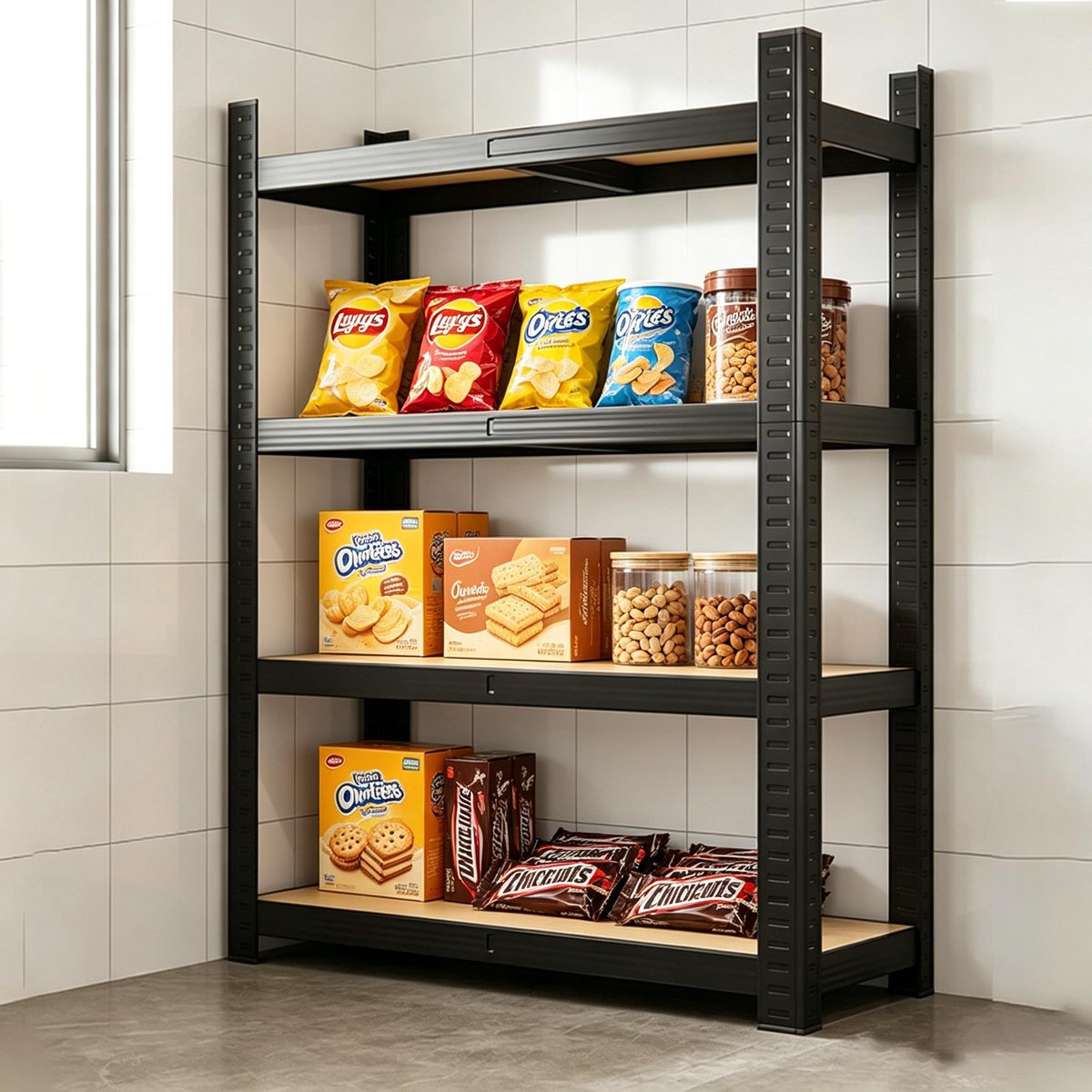 Opbergrek,4-laags verstelbaar, draagvermogen 20 tot 50 kg, robuust opbergrek voor de garage, multifunctionele metalen organizer, zwart, 60*30*150 cm, geschikt voor keukens, voorraadkasten, kelders, badkamers en wasruimtes.