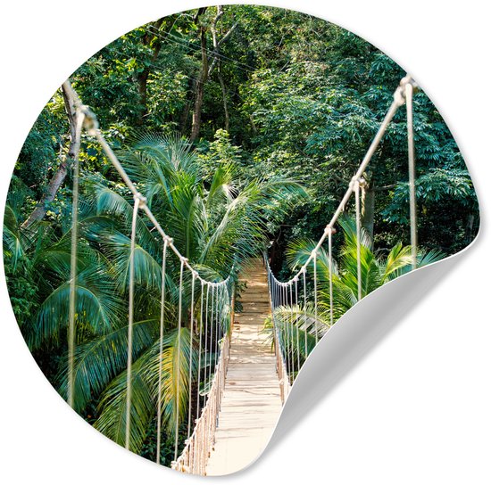 Sticker mural rond avec un pont suspendu en bois traversant une jungle luxuriante et verte avec des palmiers.