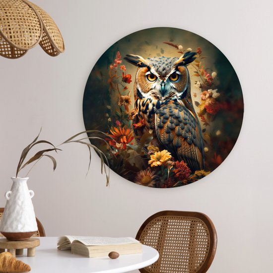 Cercle mural rond avec une image détaillée d'un hibou des marais au milieu de fleurs colorées aux teintes d'automne.
