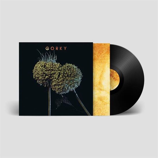 Disque vinyle Gorky avec pochette, présentant deux fleurs séchées sur la pochette et 'GORKY' en lettres orange.