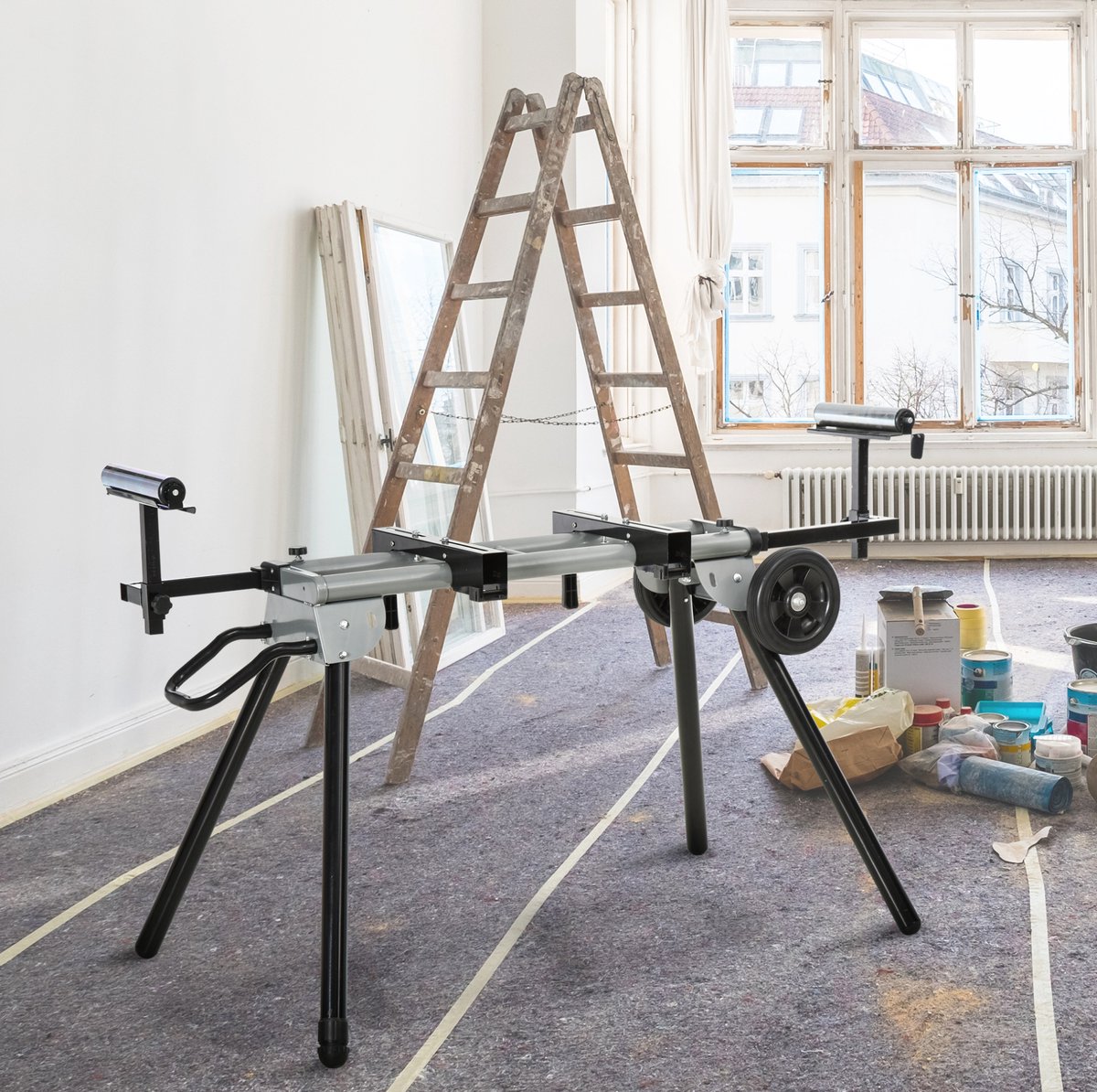 MEUNIQ Zaagstandaard voor verstekzaag, verstelbaar 123,5-245 cm, opvouwbaar onderstel met rolsteunen, wielen en handgreep, stalen frame, 150 kg, zwart