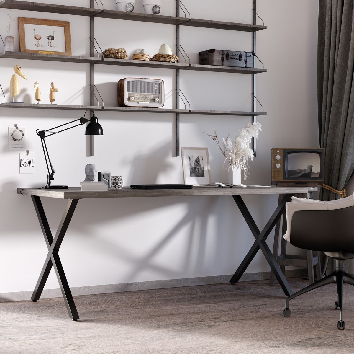 MEUNIQ Tafelpoot set van 2 X-vorm 80 x 4 x 72 cm van staal zwart met voorgeboorde gaten en 16 schroeven voor eettafel bureau salontafel