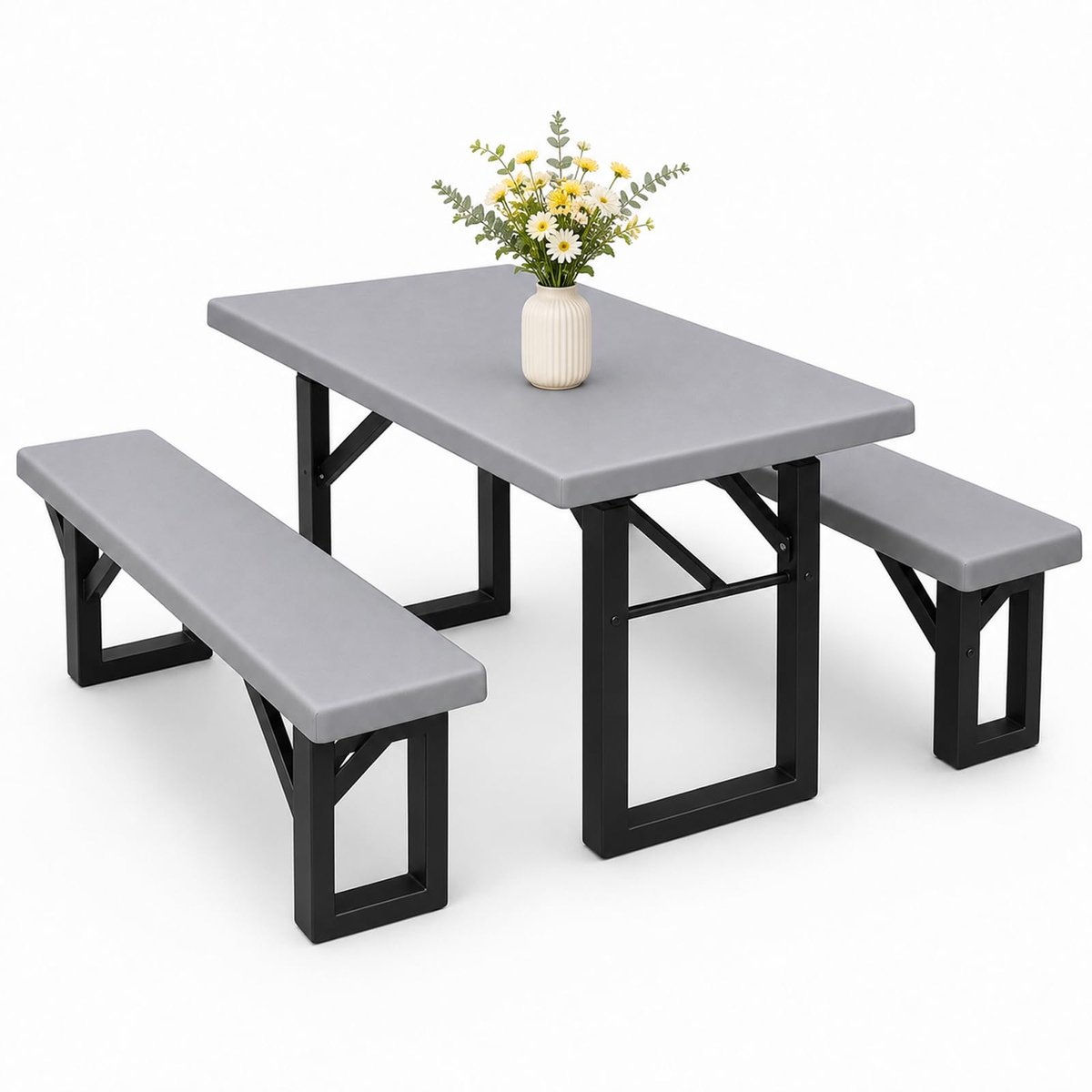 Bankkussens, set van 3 kussens voor terras, 140 x 210 cm, duurzaam polyester, tentkussen, bierkussen, 210D, comfort, gewatteerd, bankhoes, bierbank, voor tuin, binnenplaats, zilvergrijs