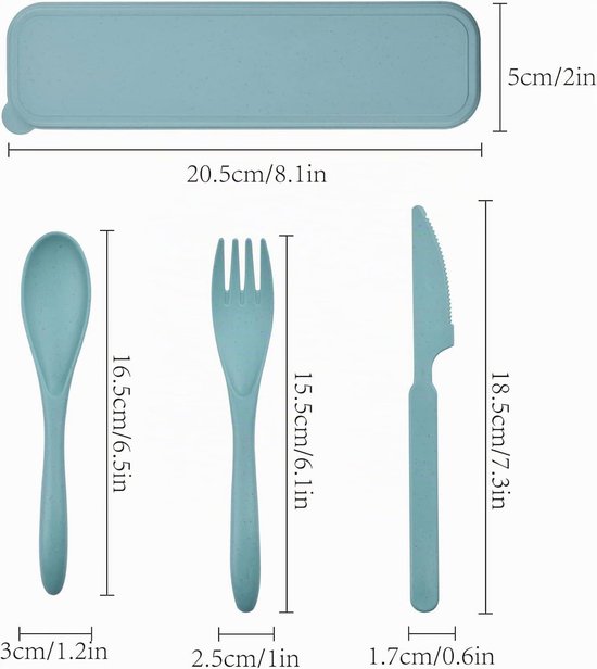 2 sets herbruikbare bestekset met etui, reis vork mes lepel set, draagbare plastic bestekset voor picknick, school, kantoor, lunch (blauw, groen) — afbeelding 5