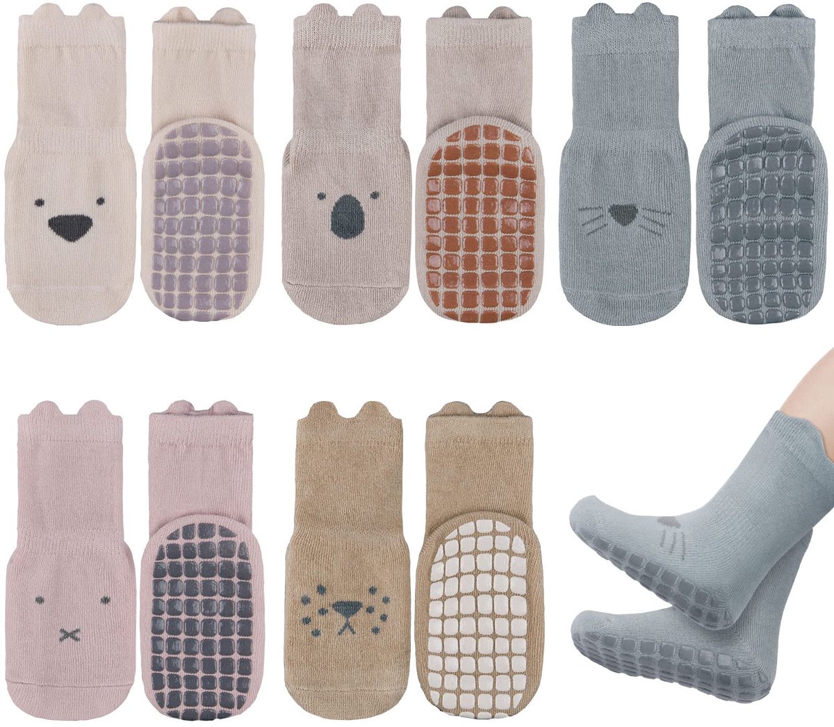 Vicloon antislip babysokken, 5 stks siliconen bodem babysokken, zorgen voor een veilige grip, geschikt voor 0-12 maanden/1-3 jaar/3-5 jaar oude jongens en meisjes