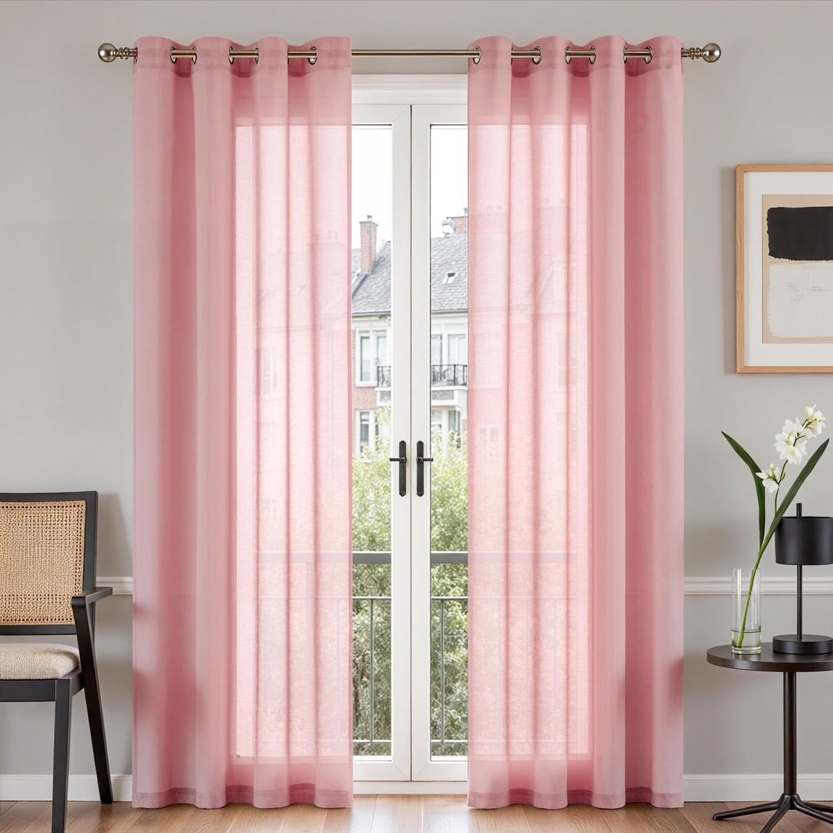 Gordijnen met oogjes, eenkleurig, gordijnen voor woonkamer, kinderkamer, meisjes, slaapkamer, roze transparant, doorzichtig, landelijke stijl, moderne raamgordijnen, set van 2, 210 x 140 cm (h