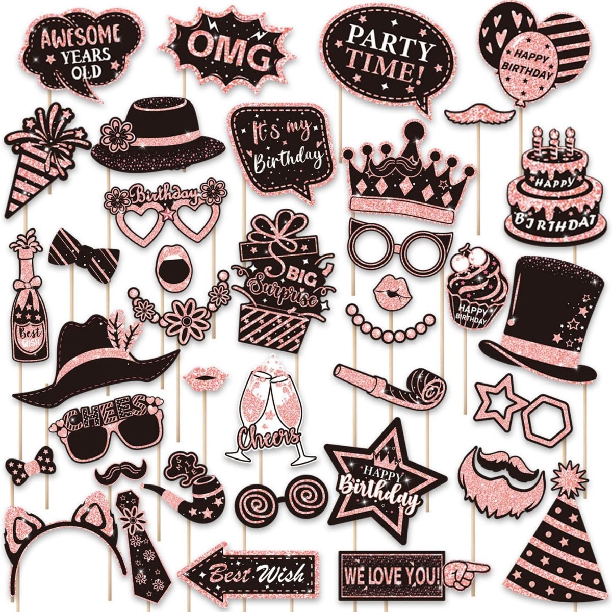 38 stuks verjaardag fotocabine rekwisieten kit, Happy Birthday Party gunsten benodigdheden verjaardag feest decor, 40e-50e-60e fotocabine grappige schattige vakantie selfie benodigdheden (goud en