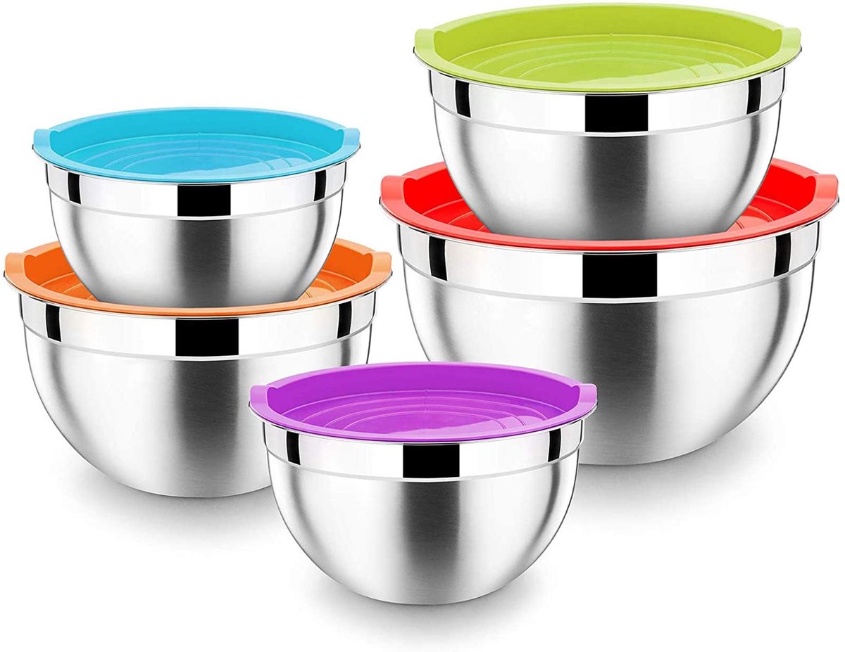 Mengkommen, 5-delige set, 100% roestvrij staal, set slakommen met luchtdicht deksel – 4,5 l / 2,7 l / 1,5 l / 1,2 l / 0,7 l, ideaal voor koken, bakken, opslag, stapelbaar en