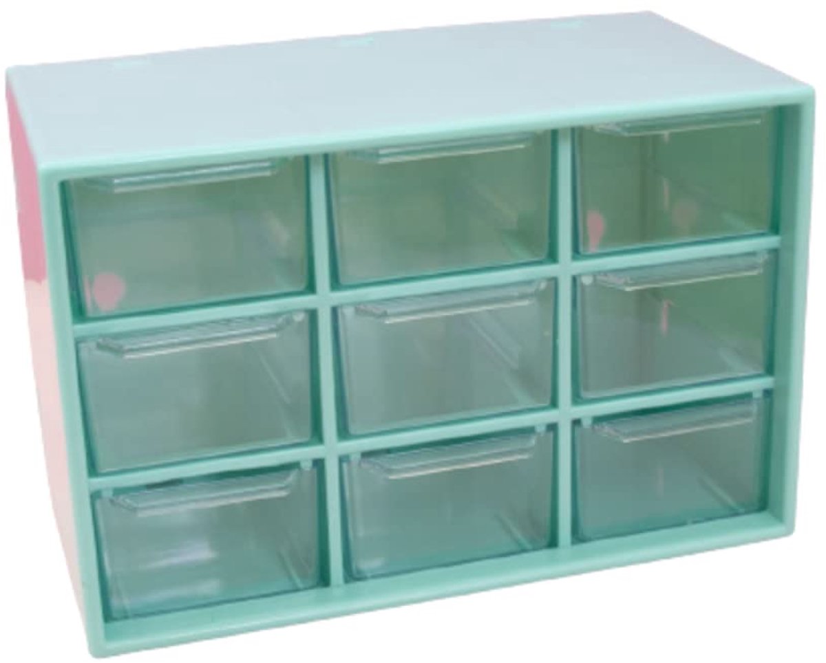 Organizer met 9 laden voor het organiseren van scrapbooking-materialen en knutselwerk, turquoise en transparant, organizerafmetingen 18 x 9,8 x 11,8 cm en lade 5 x 3 x 8 cm