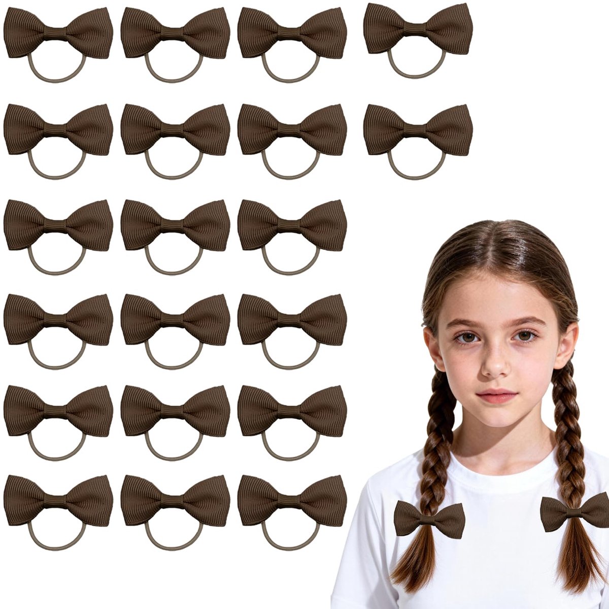 20 Stuks Elastische Haarstrikjes Set, Haarelastiekjes met Lint, Bruine School Haaraccessoires voor Meisjes en Dames