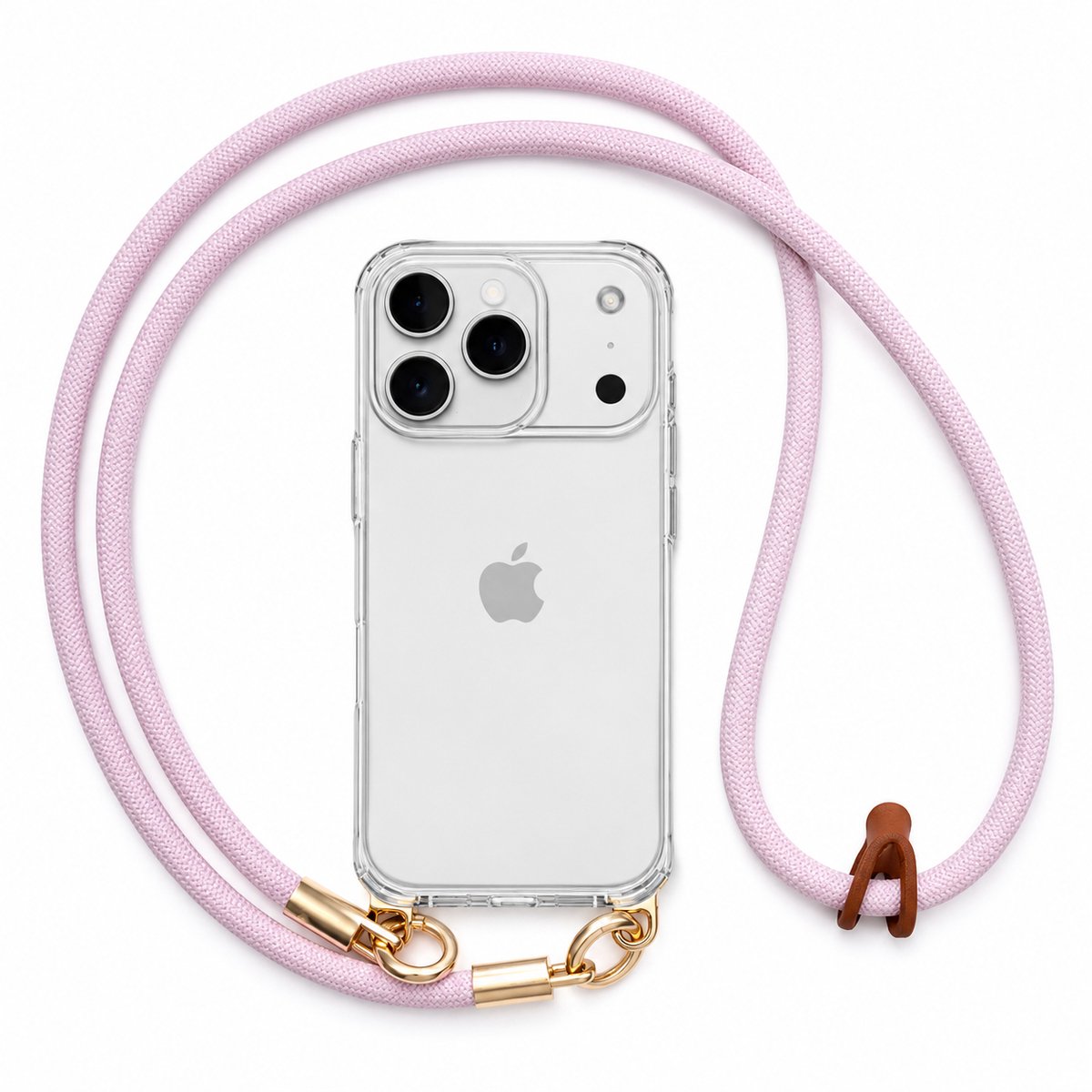 iPhone 17 Pro Hoesje met Luxe Telefoonkoord – Transparante Case met Crossbody Lanyard – Fashion Telefoonkoord Dames – Dubbele Gouden Bevestiging – Inclusief Adapter – Roze Paars