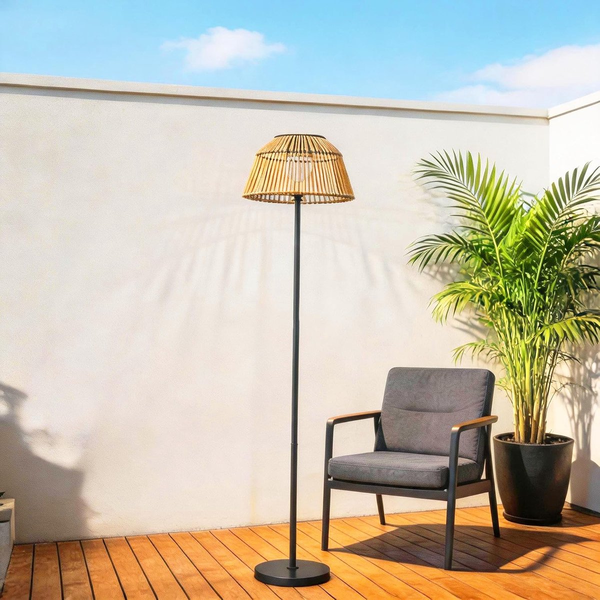 Boho-windlicht voor buiten, sfeerverlichting, op zonne-energie, rotan vloerlamp met stoffen kap, eenvoudige montage zonder gereedschap, voor balkon, terras, tuin, decoratie
