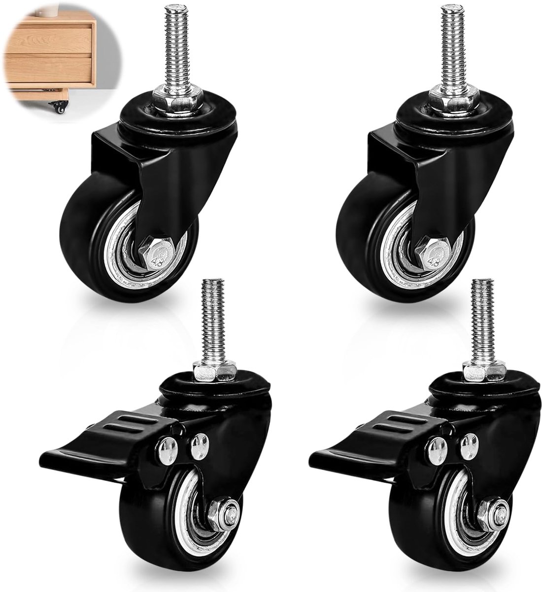 4 stuks stille meubelwielen: zware wielen 2 met rem en 2 zonder remmen, M8 transportwielen voor transportrollen/looprollen voor apparaten, zwenkwielen voor meubels, tafel, werkbank