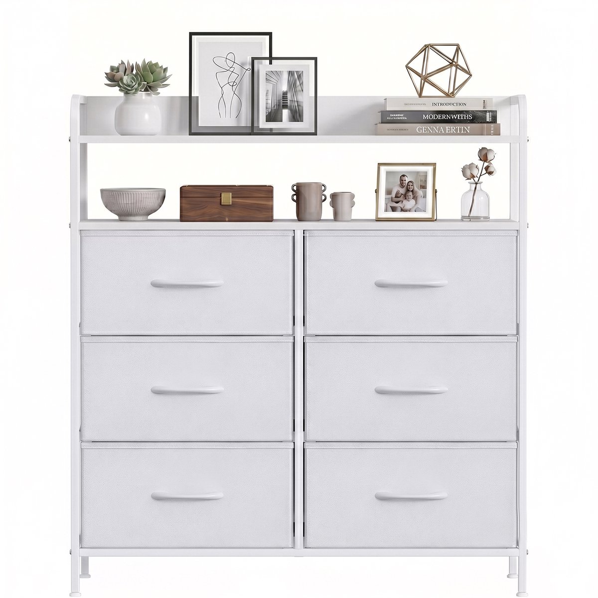 Stoffen Ladekast met 6 Laden-83x30x97cm Opbergkast-Multifunctionele Kast met Open Vak-Slaapkamer Woonkamer Opbergmeubel-Wit Metalen Frame MDF Blad-Witte Stoffen Ladenkast-Kledingkast