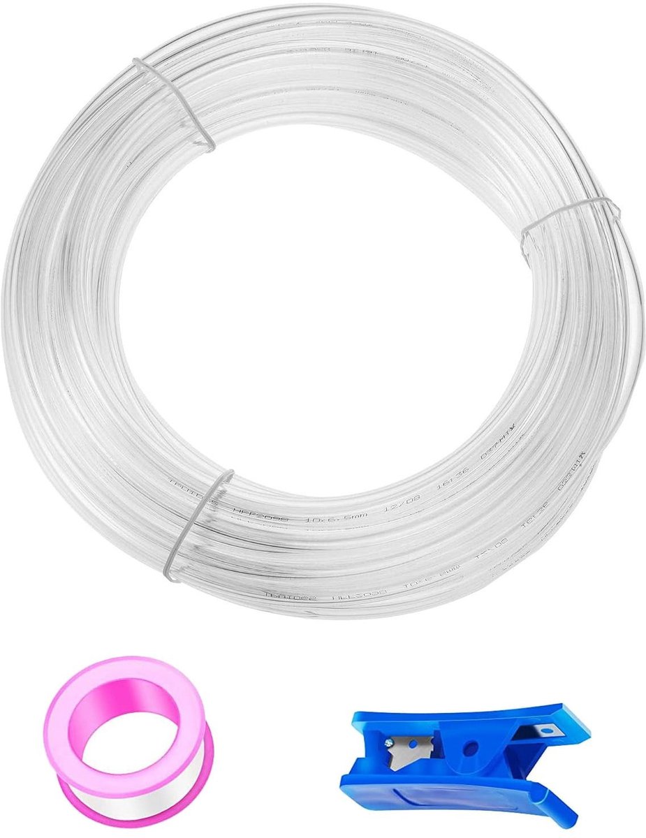 Dailygoods - Pneumatische slang van transparant PU HUAZIZ 20 m, pneumatische slang van polyurethaan, persluchtslang buiten 8 mm, inwendig 5 mm + 1 blauwe buissnijder + 1 roze teflonband
