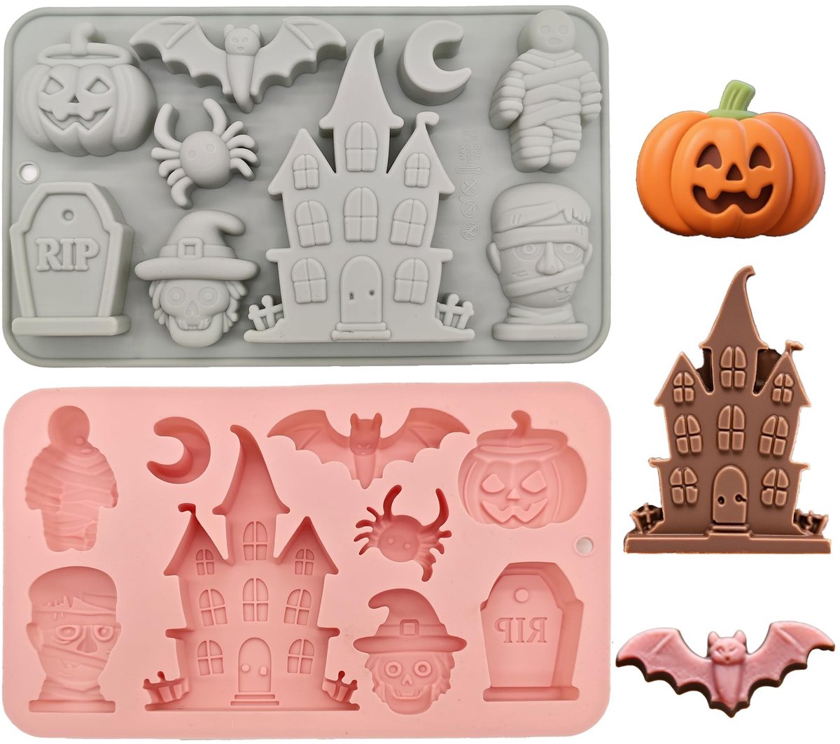 Dailygoods- Siliconen Mal Halloween Thema - 2 Stuks - Chocolade/Gelei - Kasteel/Grafsteen/Pompoen - Temperatuurbestendig - Makkelijk Losmaken - Bakvorm