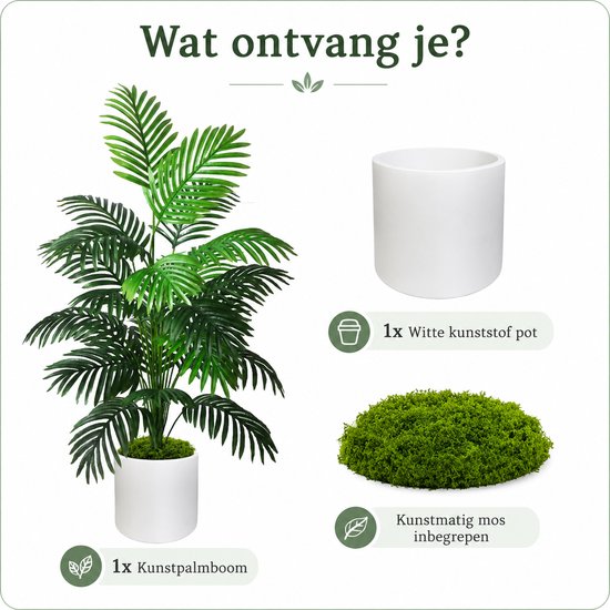 Inhoud van de verpakking: kunstpalm, witte kunststof pot en kunstmos.