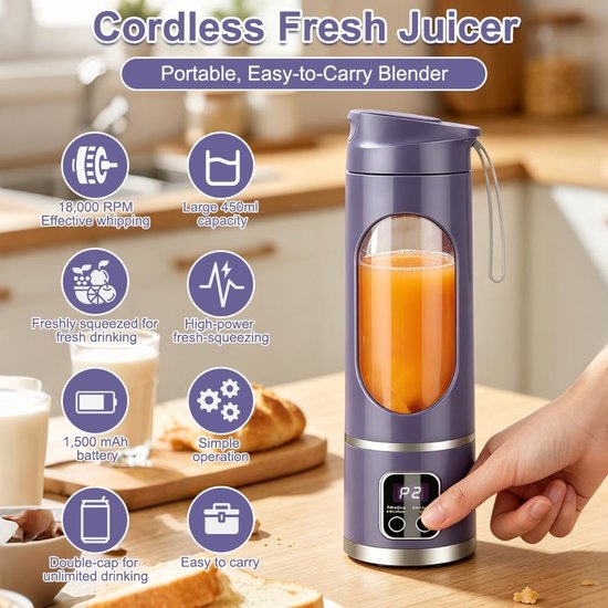 Draagbare Blender - Mini Mixer - Gezonde Drankjes Maken - 12 RVS Messen - 450 ml - Lila — afbeelding 2