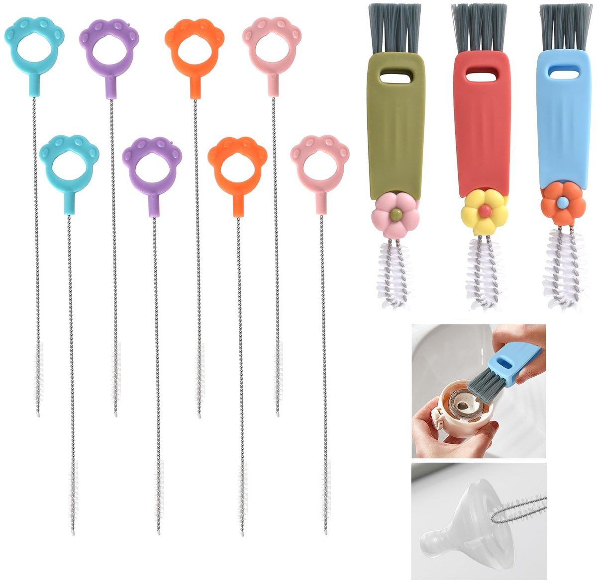 Dailygoods- Reiningsborstel 3-in-1 Set - Flessenborstel - Bekerdeksel Borstel - Nylon/Siliconen - Lichtgewicht - Voor Moeilijk Bereikbare Plaatsen