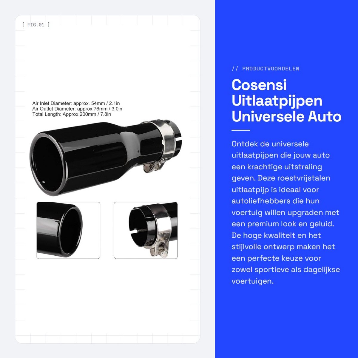 Dailygoods- Uitlaatpijp Roestvrij Staal - Universele Auto Uitlaatpijp - Uitlaat Tips - Klem 54-76-200mm - Hoge Kwaliteit - Duurzaam en Anticorrosie