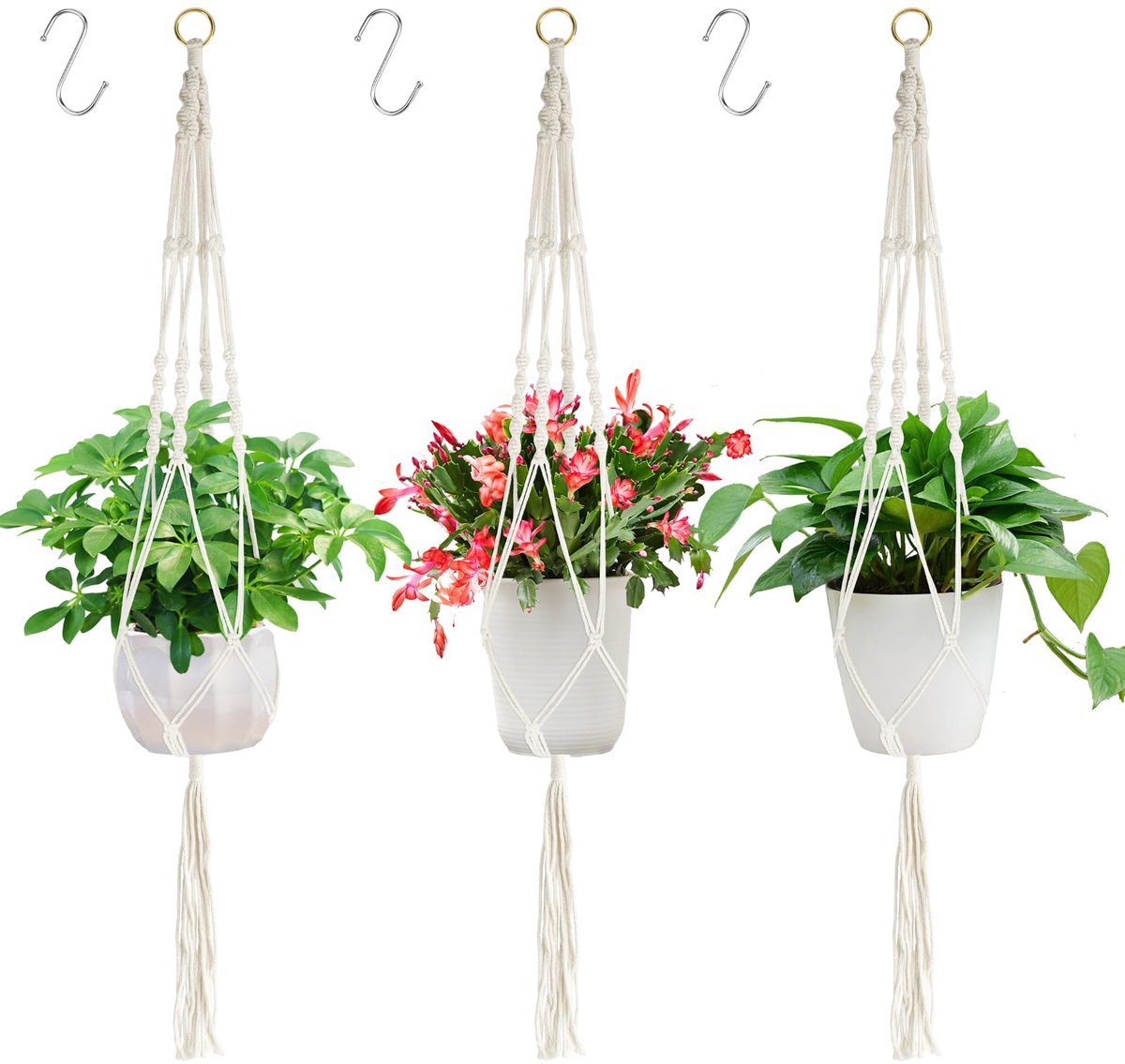 Plantenhangers, 105 cm, macramé houder met 3 haken, hangpot voor planten, macramé ophanging van katoenen touw, voor binnen en buiten, decoratie voor tuin, balkon, patio