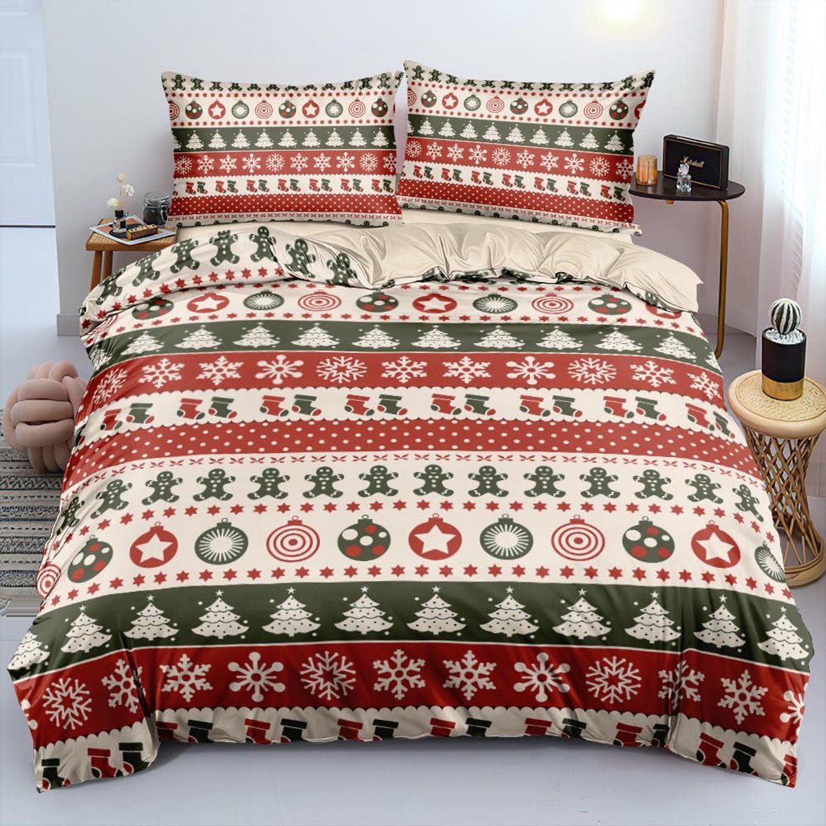 Kerstbeddengoed, 135 x 200 cm, rood, groen, beige, zacht, kerstcadeau, dekbedovertrekset, 2-delig, voor jongeren en kinderen, cadeaus met ritssluiting en kussensloop van 80 x 80 cm