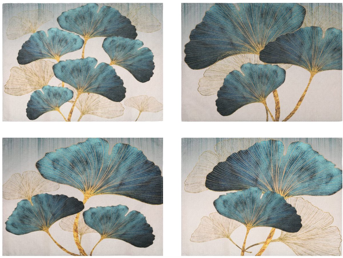 Placemats Café Eettafel Placemats Boerderij Petrol Goud Ginkgo Biloba Patroon Wasbare Placemat Eetkamer Linnen Turquoise placemats Tafeldecoraties 45 x 32 cm
