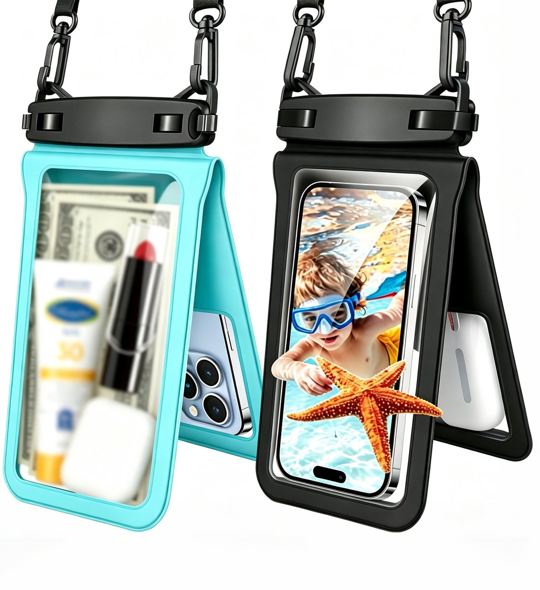 Waterdichte tas - 2-Pack Waterdichte Telefoonhoes IPX8 - 13*23.5cm - 7 Inch Waterdichte Telefoontas met Dubbele Opbergruimte - Telefoon Dry Bag met Verstelbaar Koord - Voor Strand, Cruise, Zwemmen, Kajakken & Watersport - Zwart + Groen