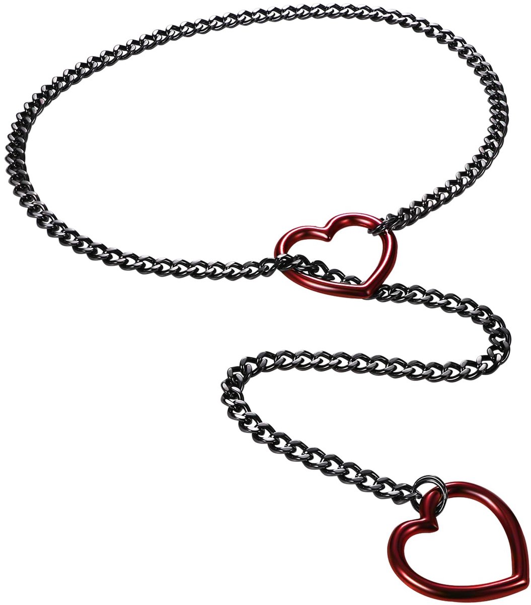 JewelryWe Choker ketting, slipketting, lange halsketting, zwart roestvrij staal, pantserketting met rode hartvormige hanger, sexy, punk, collier, gelaagd, slank