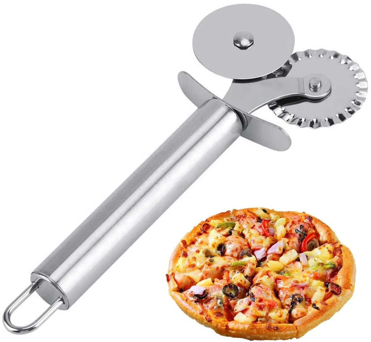 Pizzasnijder, dubbele deegsnijder, pizzaroller, deegraden-taartverdeler voor pasta, pizza, bakken, gebak, roestvrij staal, kleur: zilver, 1 stuk