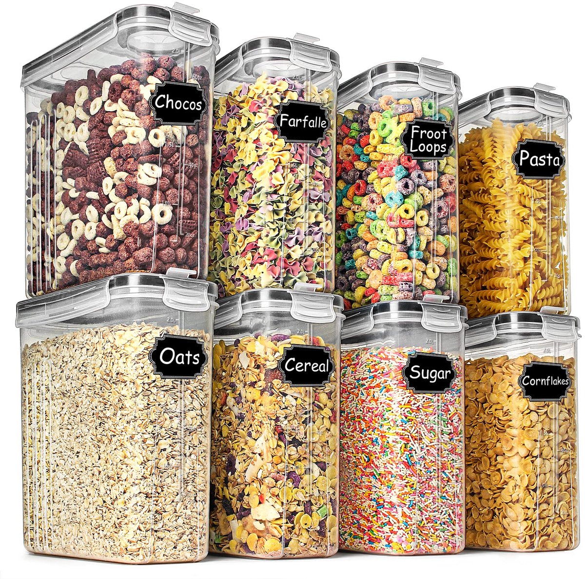Opslagcontainers voor granen en droog voedsel - Wildone luchtdichte opslagcontainers voor granen Set van 8 [2,5L / 85,4oz] voor suiker, meel, snacks, bakbenodigdheden, lekvrij met zwarte afsluitbare d