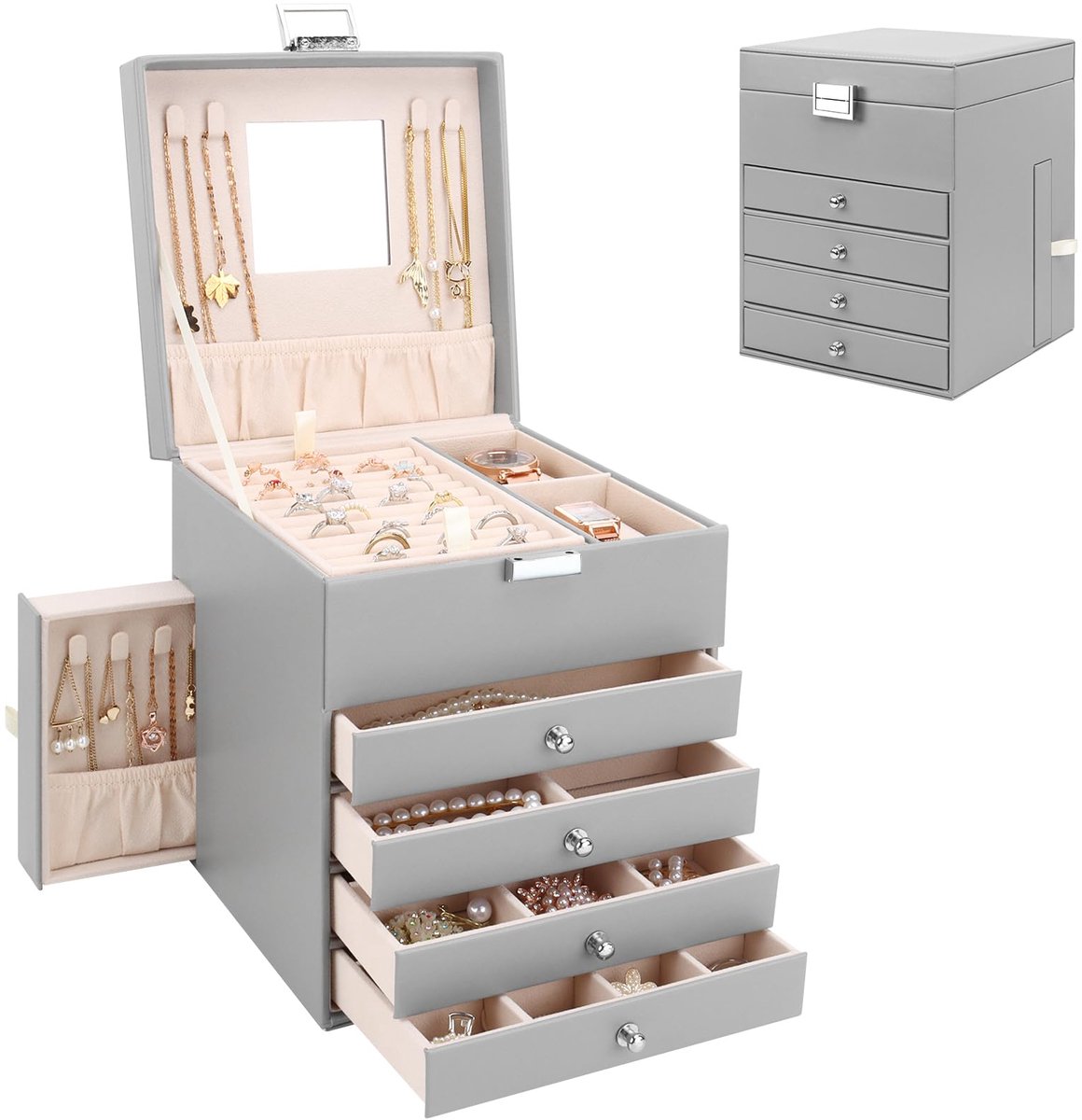 Spiegel, grote PU sieradenorganizer vitrine met zijladen, 5 lagen sieradendoosje voor ringen, oorbellen, armbanden, kettingen, grijs