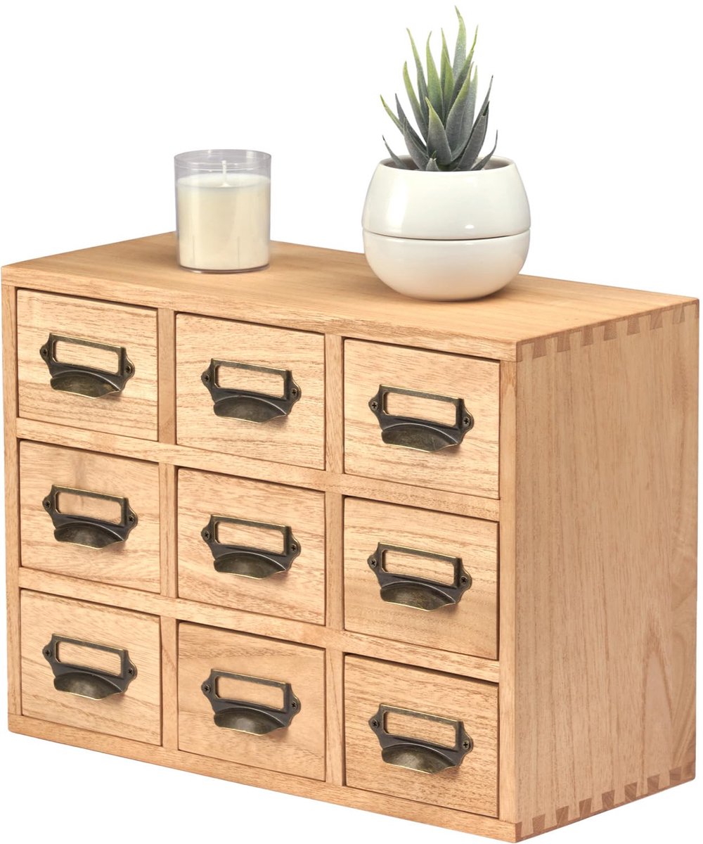 Lade-organizer, bureau-opbergkast, schuifladen voor thuis, kantoor, bureau-organisatie en opslag, 9 laden, mini-commode met metalen handgrepen, naturel