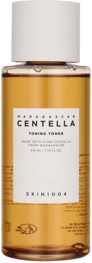 Fles Madagascar Centella Toning Toner, amberkleurig met wit label.