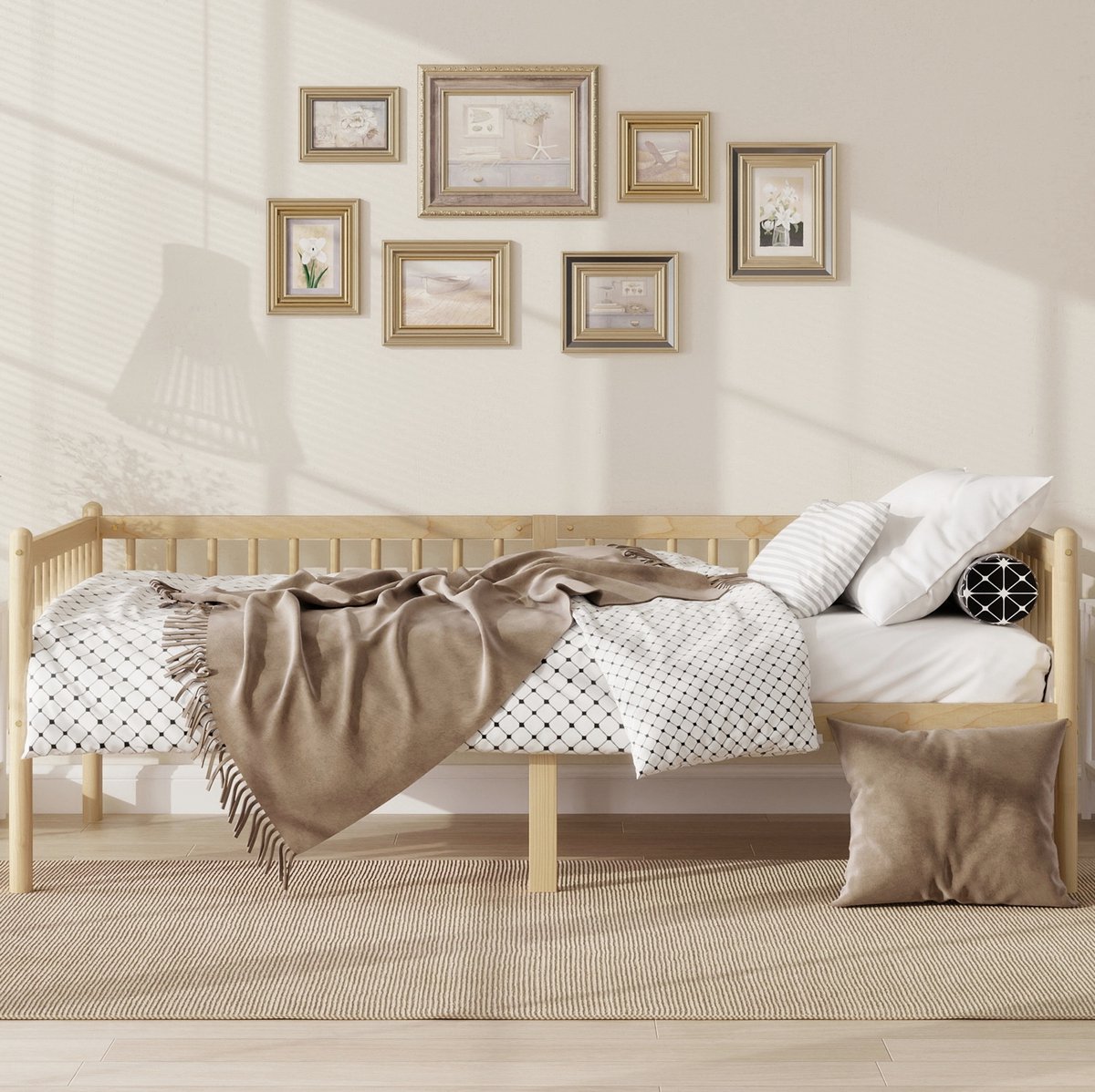FloraGrace Bedbank 90x200 cm – Met 3-Zijdige Bedrand – Lattenbodem en Ruimte Onder Bed – Eenpersoons Grenenhout – Naturel – Zonder Matras Natural