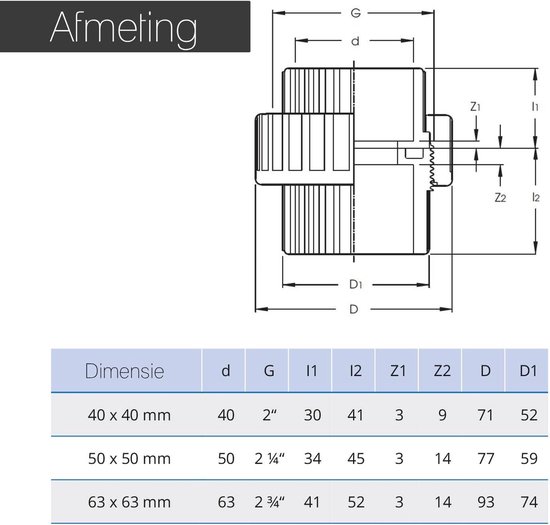 schroefkoppeling loskoppelbaar I 63 mm 2x lijmmof 2 inch I met wartelmoer en afdichtring I PVC-U fitting voor zwembadleidingen pomp afsluiter flowmeter I bm364 — afbeelding 2